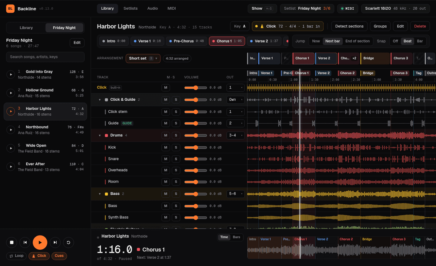 Backline: the Harbor Lights song open with its sections, groups, faders and waveforms